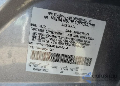 2006 Mazda 6 I from USA, damaged, VIN 1YVHP80C665M10394